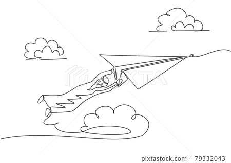 Single one line drawing of young Arabian business man hanging tight on paper airplane. Business challenge minimal metaphor concept. Modern continuous line draw design graphic vector illustration Single one line drawing of young Arabian business man hanging tight on paper airplane. Business challenge minimal metaphor concept. Modern continuous line draw design graphic vector illustration 79332043