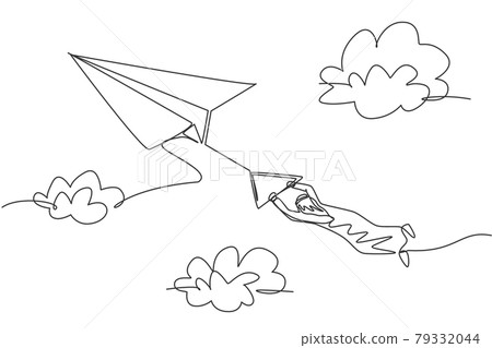 Continuous one line drawing of young Arab male worker hanging tight on flying paper plane at sky. Business challenge minimalist metaphor concept. Single line draw design vector graphic illustration Continuous one line drawing of young Arab male worker hanging tight on flying paper plane at sky. Business challenge minimalist metaphor concept. Single line draw design vector graphic illustration 79332044