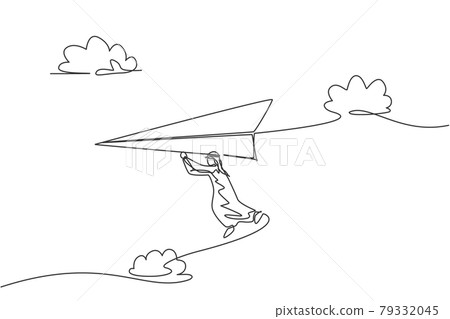 Single one line drawing of young Arab business man hanging high on paper plane. Business mission challenge minimal metaphor concept. Modern continuous line draw design graphic vector illustration Single one line drawing of young Arab business man hanging high on paper plane. Business mission challenge minimal metaphor concept. Modern continuous line draw design graphic vector illustration 79332045
