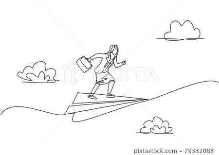 Single one line drawing young businesswoman flying on paper airplane ready to chase business target. Business vision. Metaphor minimal concept. Continuous line draw design graphic vector illustration 79332088