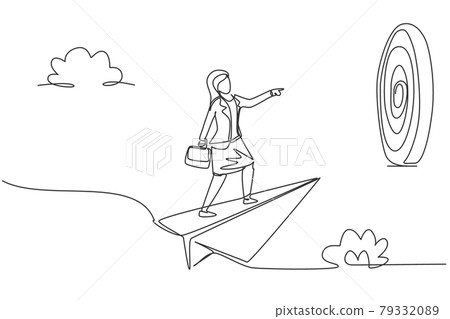 Continuous one line drawing young female worker focus flying with paper plane to hit business target. Success manager. Metaphor minimalist concept. Single line draw design vector graphic illustration 79332089