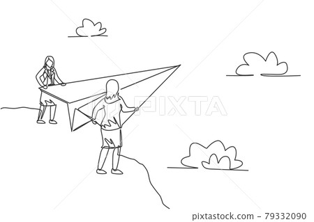 Single one line drawing of two young businesswomen release paper plane from top of the mountain. Business goal. Metaphor minimal concept. Modern continuous line draw design graphic vector illustration 79332090