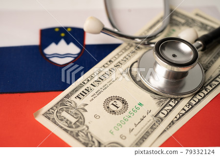 Black stethoscope on Slovenia flag background, Business and finance concept. 79332124