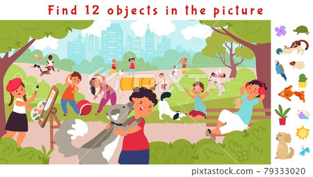 Hidden objects puzzle game. Find object, children lifestyle in park. Fit kids, resting on nature with puppy. Funny brain teaser decent vector picture 79333020