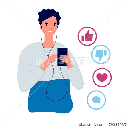 Social network actions. Like dislike, share or comment info. Boy listen music, audiobook or podcast and thinking about reaction vector concept Social network actions. Like dislike, share or comment info. Boy listen music, audiobook or podcast and thinking about reaction vector concept 79333085