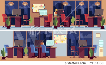 Empty office interior. Night business interiors, coworking zone or manager room. Table with computers, task board, chairs vector illustration 79333130