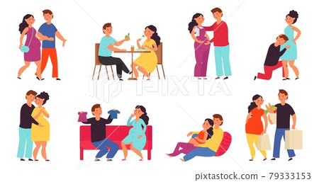 Pregnant couple. Men care women, future mother and husband embracing her. Support of pregnancy wife, cartoon maternity parenthood decent vector set Pregnant couple. Men care women, future mother and husband embracing her. Support of pregnancy wife, cartoon maternity parenthood decent vector set 79333153