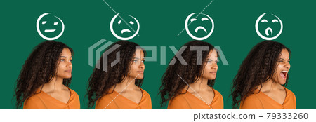 Evolution of emotions. African woman's portrait isolated over green studio background with copyspace for ad. Drawings. Collage Evolution of emotions. African woman's portrait isolated over green studio background with copyspace for ad. Drawings. Collage 79333260