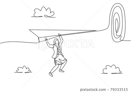 Single one line drawing young businesswoman hanging on paper plane to hit business goal target on dartboard. Metaphor minimal concept. Modern continuous line draw design graphic vector illustration Single one line drawing young businesswoman hanging on paper plane to hit business goal target on dartboard. Metaphor minimal concept. Modern continuous line draw design graphic vector illustration 79333515