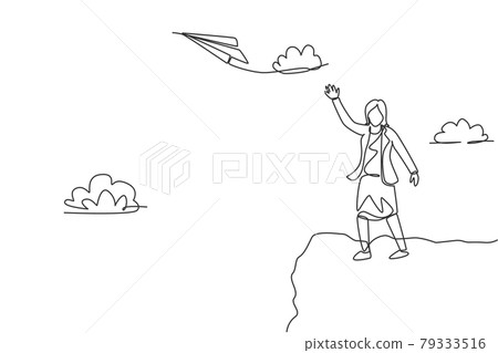 Single continuous line drawing of young business woman fly paper plane up to the sky. Professional entrepreneur. Minimalism metaphor concept. Dynamic one line draw graphic design vector illustration 79333516
