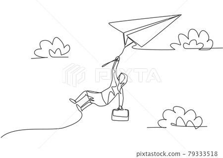 Single continuous line drawing young business woman hanging at rope on flying paper plane. Professional entrepreneur. Minimalism metaphor concept. One line draw graphic design vector illustration Single continuous line drawing young business woman hanging at rope on flying paper plane. Professional entrepreneur. Minimalism metaphor concept. One line draw graphic design vector illustration 79333518