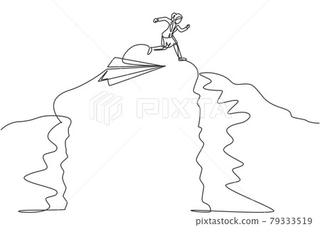 Continuous one line drawing young female worker jumping from paper plane across the mountain. Success business manager. Metaphor minimalist concept. Single line draw design vector graphic illustration Continuous one line drawing young female worker jumping from paper plane across the mountain. Success business manager. Metaphor minimalist concept. Single line draw design vector graphic illustration 79333519
