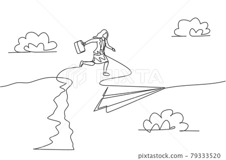 Single one line drawing young businesswoman jumping to flying paper plane from top of the cliff. Business challenges. Metaphor minimal concept. Continuous line draw design graphic vector illustration Single one line drawing young businesswoman jumping to flying paper plane from top of the cliff. Business challenges. Metaphor minimal concept. Continuous line draw design graphic vector illustration 79333520