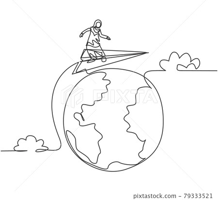 Continuous one line drawing young Arab female worker flying around the world. Success business travel trip. Minimalist metaphor concept. Single line draw design vector graphic illustration Continuous one line drawing young Arab female worker flying around the world. Success business travel trip. Minimalist metaphor concept. Single line draw design vector graphic illustration 79333521