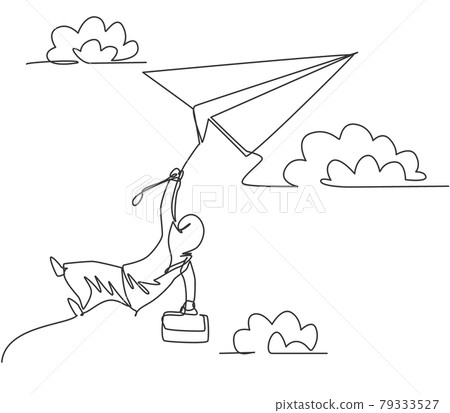 Single continuous line drawing young Arab business woman holding rope tight on flying paper plane. Business challenge. Minimalism metaphor concept. One line draw graphic design vector illustration Single continuous line drawing young Arab business woman holding rope tight on flying paper plane. Business challenge. Minimalism metaphor concept. One line draw graphic design vector illustration 79333527