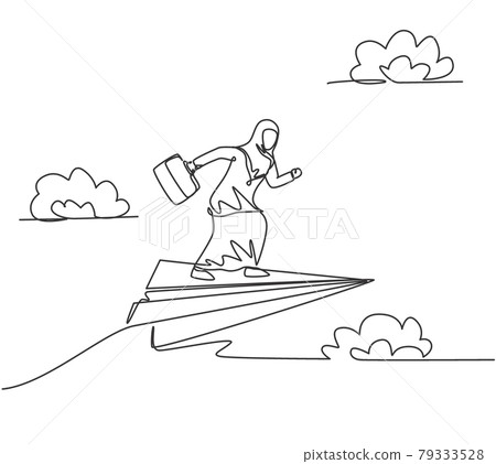 Single one line drawing of young Arab business woman ready to run on flying paper plane. Business challenge. Minimal metaphor concept. Modern continuous line draw design graphic vector illustration Single one line drawing of young Arab business woman ready to run on flying paper plane. Business challenge. Minimal metaphor concept. Modern continuous line draw design graphic vector illustration 79333528