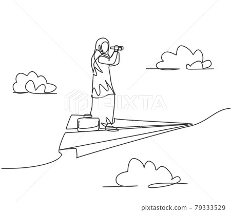 Single one line drawing of young Arab business woman searching business opportunities on flying paper plane. Minimal metaphor concept. Modern continuous line draw design graphic vector illustration 79333529
