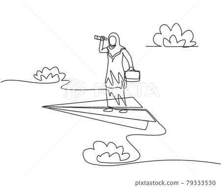 Single continuous line drawing young Arab business woman analyze market situation on flying paper plane. Minimalism metaphor concept. Dynamic one line draw graphic design vector illustration Single continuous line drawing young Arab business woman analyze market situation on flying paper plane. Minimalism metaphor concept. Dynamic one line draw graphic design vector illustration 79333530