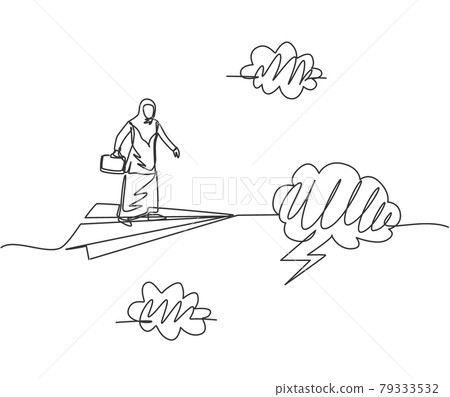 Single one line drawing of young Arab business woman on flying paper plane through storm. Business challenge. Minimal metaphor concept. Modern continuous line draw design graphic vector illustration Single one line drawing of young Arab business woman on flying paper plane through storm. Business challenge. Minimal metaphor concept. Modern continuous line draw design graphic vector illustration 79333532
