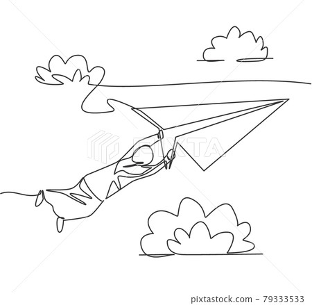 Single continuous line drawing young Arab business woman hanging on flying paper plane into the sky. Minimalism metaphor concept. Dynamic one line draw graphic design vector illustration Single continuous line drawing young Arab business woman hanging on flying paper plane into the sky. Minimalism metaphor concept. Dynamic one line draw graphic design vector illustration 79333533