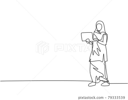 Single continuous line drawing young Arab business woman standing and holding laptop to present business presentation. Minimalism metaphor concept. One line draw graphic design vector illustration 79333539