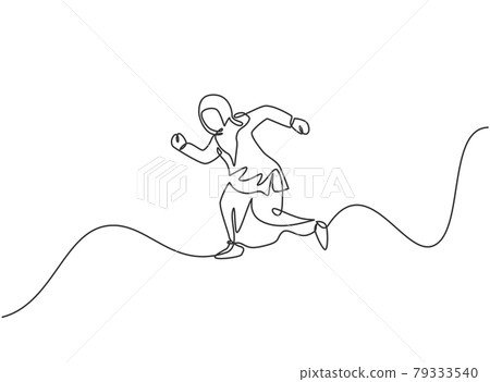 Continuous one line drawing young Arab female worker jumping high to the sky. Success business manager. Minimalist metaphor concept. Single line draw design vector graphic illustration 79333540