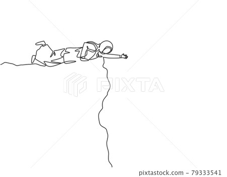 Single one line drawing young Arab business woman lend a hand to reach colleague from cliff. Business support. Minimal metaphor concept. Modern continuous line draw design graphic vector illustration 79333541