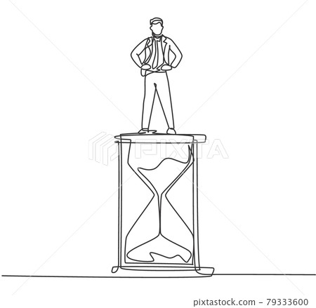Continuous one line drawing young male worker standing above hourglass. Sandglass to show time management business minimalist concept. Single line draw design vector graphic illustration 79333600