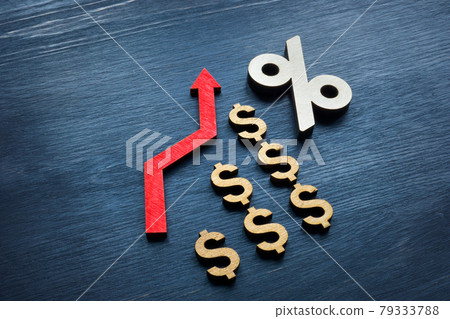 ROI return on investment or assets ROA concept. Arrow and signs of percent and dollar. ROI return on investment or assets ROA concept. Arrow and signs of percent and dollar. 79333788
