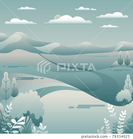 Hills, mountains landscape in flat style design. Road in the hills, sky, clouds. Minimal outdoor rural location with valley, trees. Grey blue pastel colors gradient. Cartoon background vector illustra Hills, mountains landscape in flat style design. Road in the hills, sky, clouds. Minimal outdoor rural location with valley, trees. Grey blue pastel colors gradient. Cartoon background vector illustra 79334025