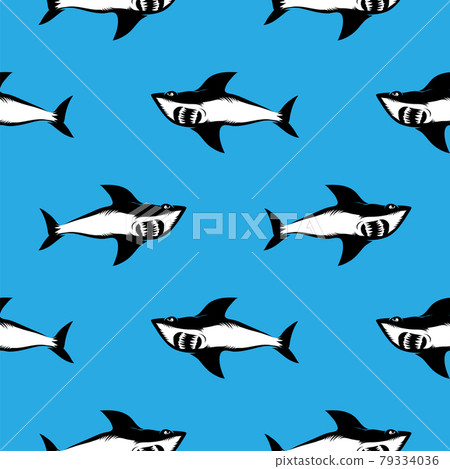 Shark Isolated on Blue Background. Fish Seamless Pattern 79334036