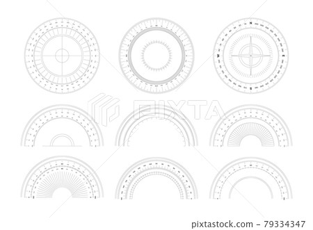 Protractor. 360 degree measurement shapes with numbers and symbols circular shapes of scale goniometer garish vector templates set Protractor. 360 degree measurement shapes with numbers and symbols circular shapes of scale goniometer garish vector templates set 79334347