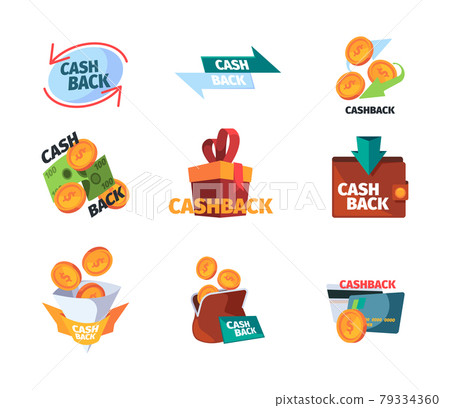 Cash back logo. Promotional stylized logotypes or geometrical abstract badges for ads credit managing services visualization garish vector business templates 79334360