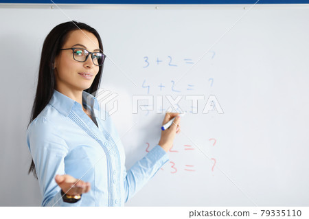 Woman teacher standing at blackboard with formulas and explaining information Woman teacher standing at blackboard with formulas and explaining information 79335110