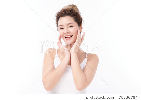 Beautiful young asian woman with clean fresh skin on white background, Face care, Facial treatment, 79336784