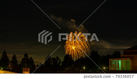 Summer fireworks in night sky, Lake Shibayama, Japan. Summer fireworks in night sky, Lake Shibayama, Japan. 79336857