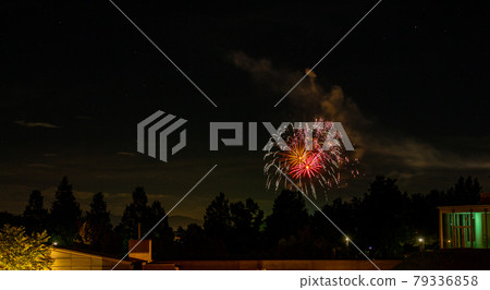 Summer fireworks in night sky, Lake Shibayama, Japan. 79336858