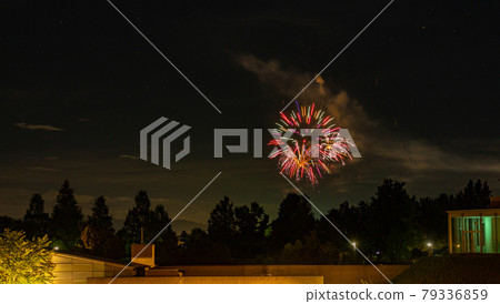 Summer fireworks in night sky, Lake Shibayama, Japan. Summer fireworks in night sky, Lake Shibayama, Japan. 79336859