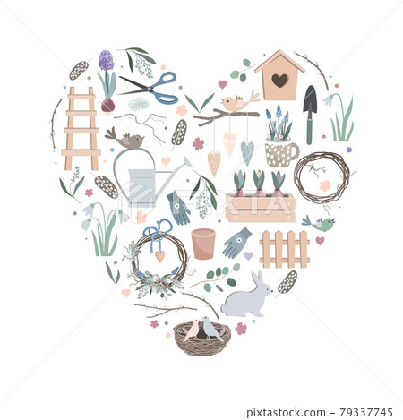 Colorful vector heart made of cute funny garden tools, clothes and vegetables. Can be used for fabrics, wallpapers, patterns, stickers, cards, design and decoration. 79337745