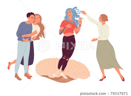 People admire the style and beauty of the girl. Illustration based on Botticelli The birth of Venus 79337971