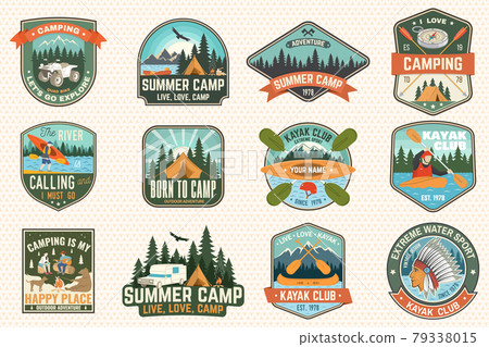 Set of rv camping badges, patches. Vector Concept for shirt or logo, print, stamp or tee. Vintage typography design with RV Motorhome, camping trailer and off-road car silhouette. 79338015