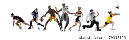 Sport collage. Hockey, soccer football, volleyball, floorball, fitness and basketball players in motion isolated on white studio Sport collage. Hockey, soccer football, volleyball, floorball, fitness and basketball players in motion isolated on white studio 79338133