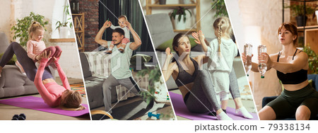 ABS workout with daughter on belly. Young woman exercising fitness, aerobic, yoga at home, sporty lifestyle. Getting active with her child playing, home gym. 79338134
