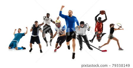 Sport collage. Hockey, soccer and american football, volleyball players isolated on white studio background. Sport collage. Hockey, soccer and american football, volleyball players isolated on white studio background. 79338149