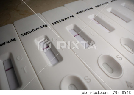 Macro close up of many negative SARS COV rapid antigen tests in row on white background. Coronavirus crisis. Global pandemic. 79338548