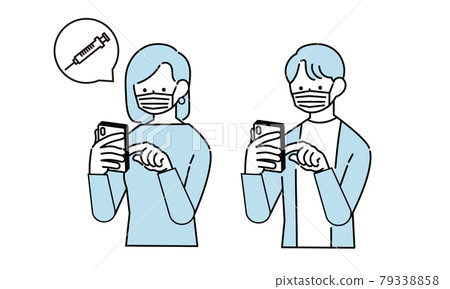 Illustration of men and women operating smartphones with masks 79338858