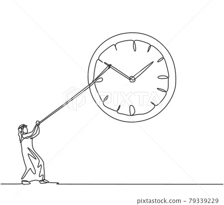 Continuous one line drawing young Arab male worker pulling clockwise big analog wall clock with rope. Time management business minimalist concept. Single line draw design vector graphic illustration. Continuous one line drawing young Arab male worker pulling clockwise big analog wall clock with rope. Time management business minimalist concept. Single line draw design vector graphic illustration. 79339229