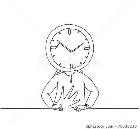 Single one line drawing of young Arabian business man with analog clock head at the office. Business time discipline metaphor concept. Modern continuous line draw design graphic vector illustration. 79339230