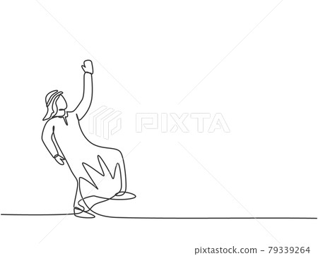 Single one line drawing of young Arabian business man swinging on the sky to reach up his goals. Business challenge minimal metaphor concept. Continuous line draw design graphic vector illustration. Single one line drawing of young Arabian business man swinging on the sky to reach up his goals. Business challenge minimal metaphor concept. Continuous line draw design graphic vector illustration. 79339264
