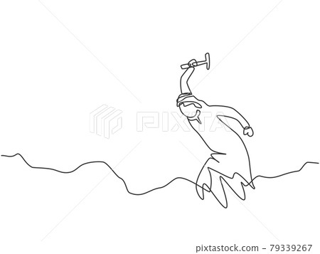 Single continuous line drawing young Arab business man digging treasure on the street with hammer. Getting a new business idea minimalist concept. One line draw graphic design vector illustration. Single continuous line drawing young Arab business man digging treasure on the street with hammer. Getting a new business idea minimalist concept. One line draw graphic design vector illustration. 79339267